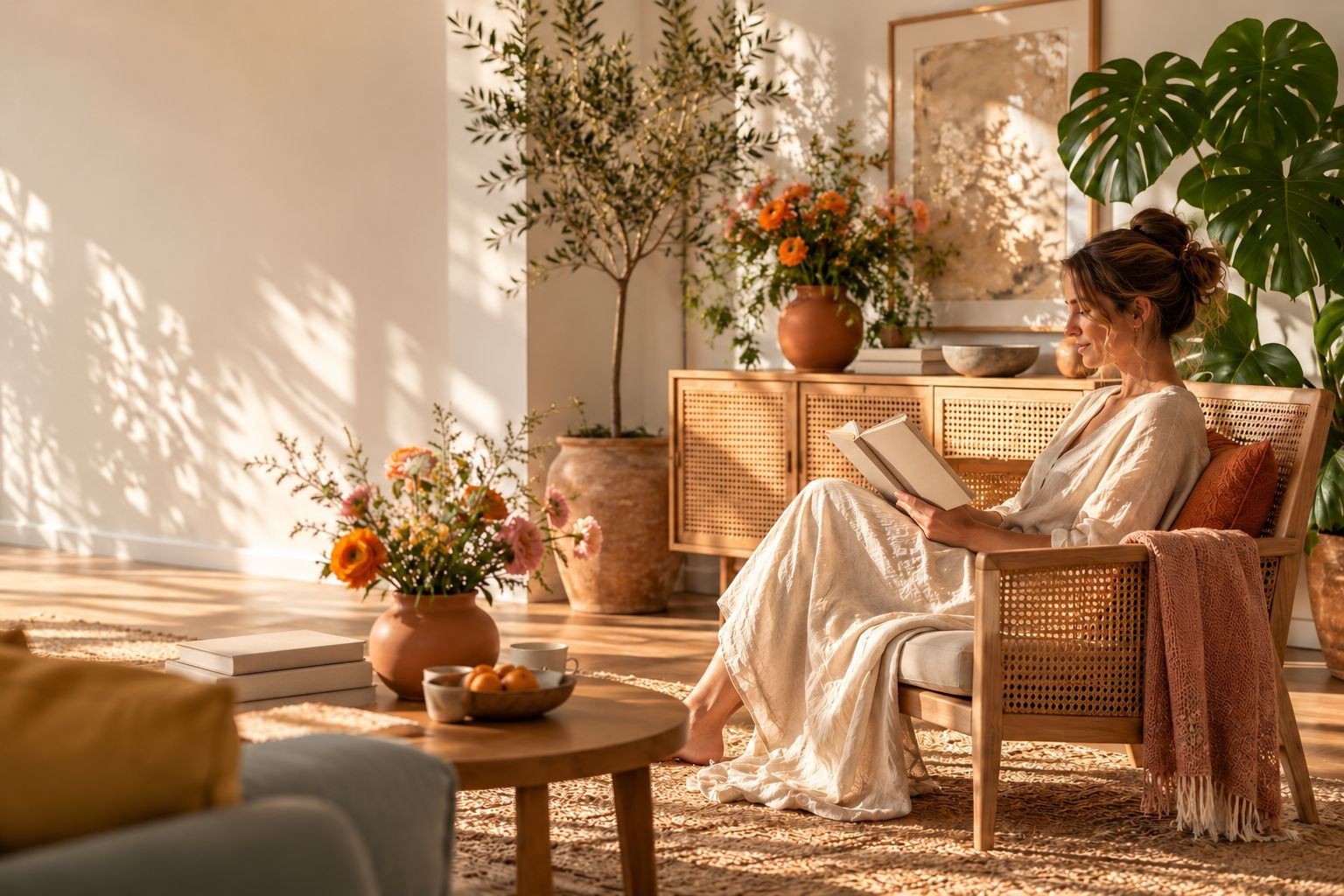 Sunny living room with a cane-door sideboard and a cane armchair