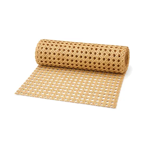 Roll of natural open weave cane webbing partly unrolled on a white background