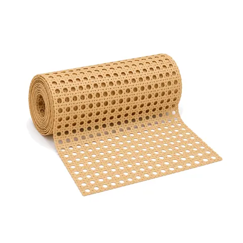 Roll of tan plastic PE cane webbing in open weave with octagonal holes, partly unrolled, on a white background