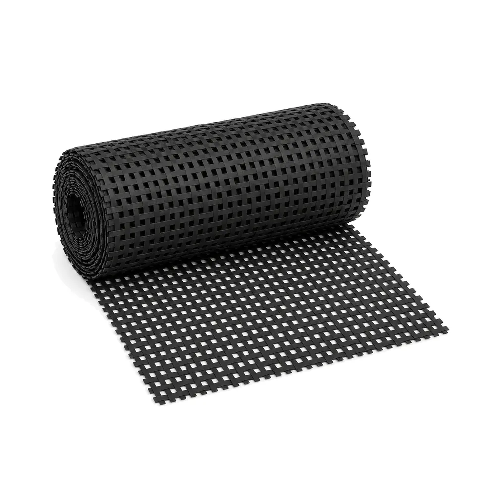 Roll of black plastic PE square weave cane webbing partly unrolled, showing the small square holes, on a white background