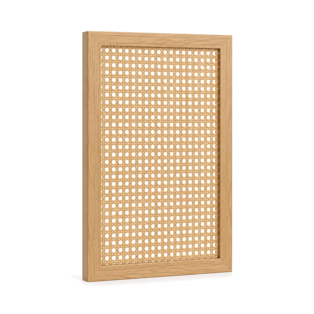 Light oak frame with an open weave natural cane panel, standing upright on a white background
