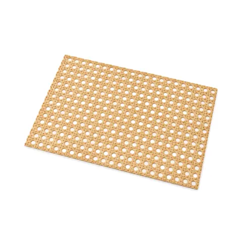 Flat rectangular sheet of open weave natural cane webbing with straight cut edges on a white background