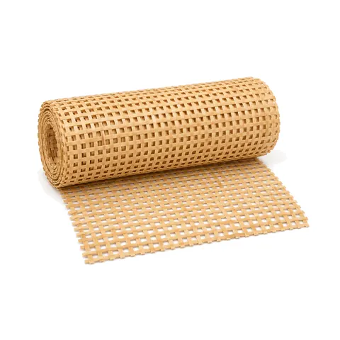 Roll of natural square weave cane webbing partly unrolled on a white background