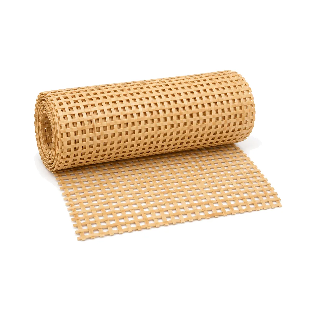 Roll of natural square weave cane webbing partly unrolled on a white background