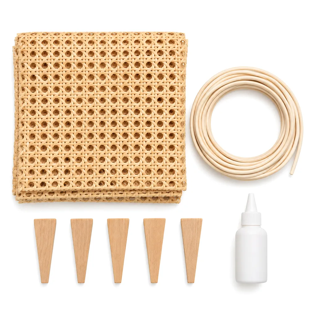 Flat lay of a chair seat caning kit with a sheet of open weave cane webbing and seat caning supplies, on a white background