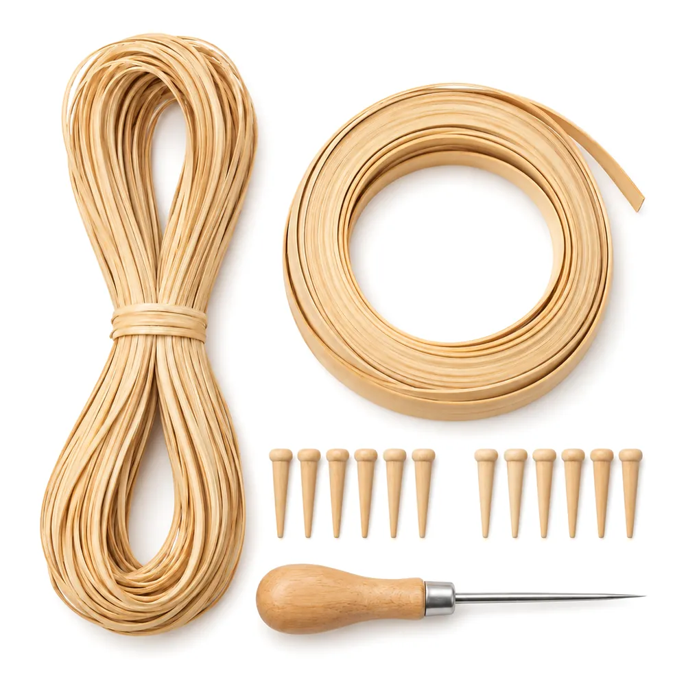 Flat lay of a looped hank of strand cane, a coil of binder cane, twelve wooden pegs and an awl on peach paper, on a white background