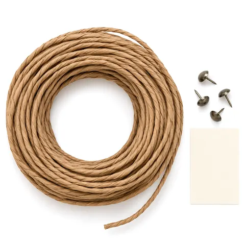 Flat lay of a coil of kraft brown fiber rush cord, a few upholstery tacks and a plain card on butter yellow paper, on a white background
