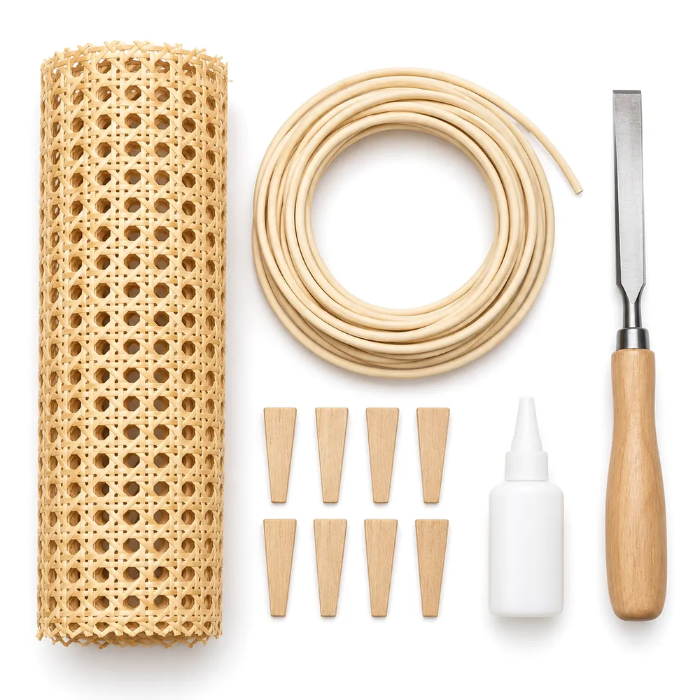Flat lay of rolled open weave cane, a coil of reed spline, eight wooden wedges, a chisel and glue on dusty blue paper, on a white background
