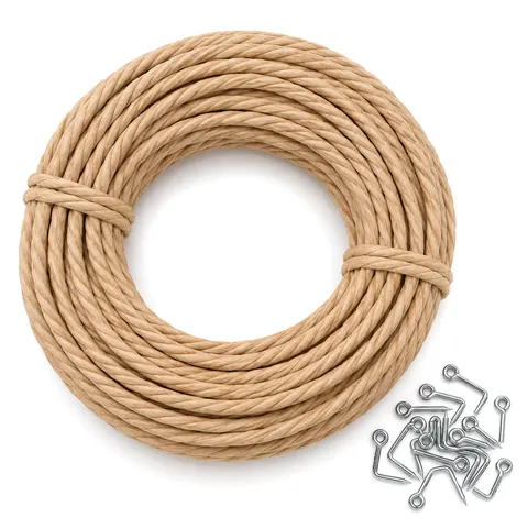 Flat lay of a large coil of light tan laced Danish cord and a small pile of steel L-nails on pale lavender paper, on a white background
