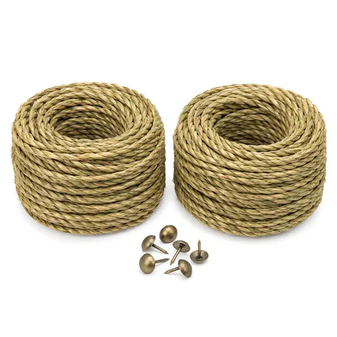 Two coils of green-to-wheat twisted seagrass cord side by side with a few upholstery tacks on terracotta paper, on a white background