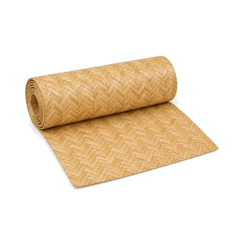 Roll of natural herringbone cane webbing partly unrolled on a white background