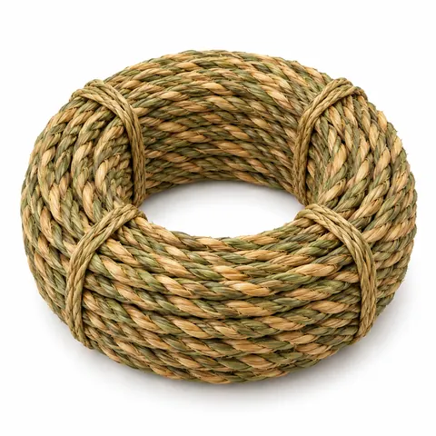 Neat coil of twisted natural seagrass cord in green-to-wheat tones on a white background