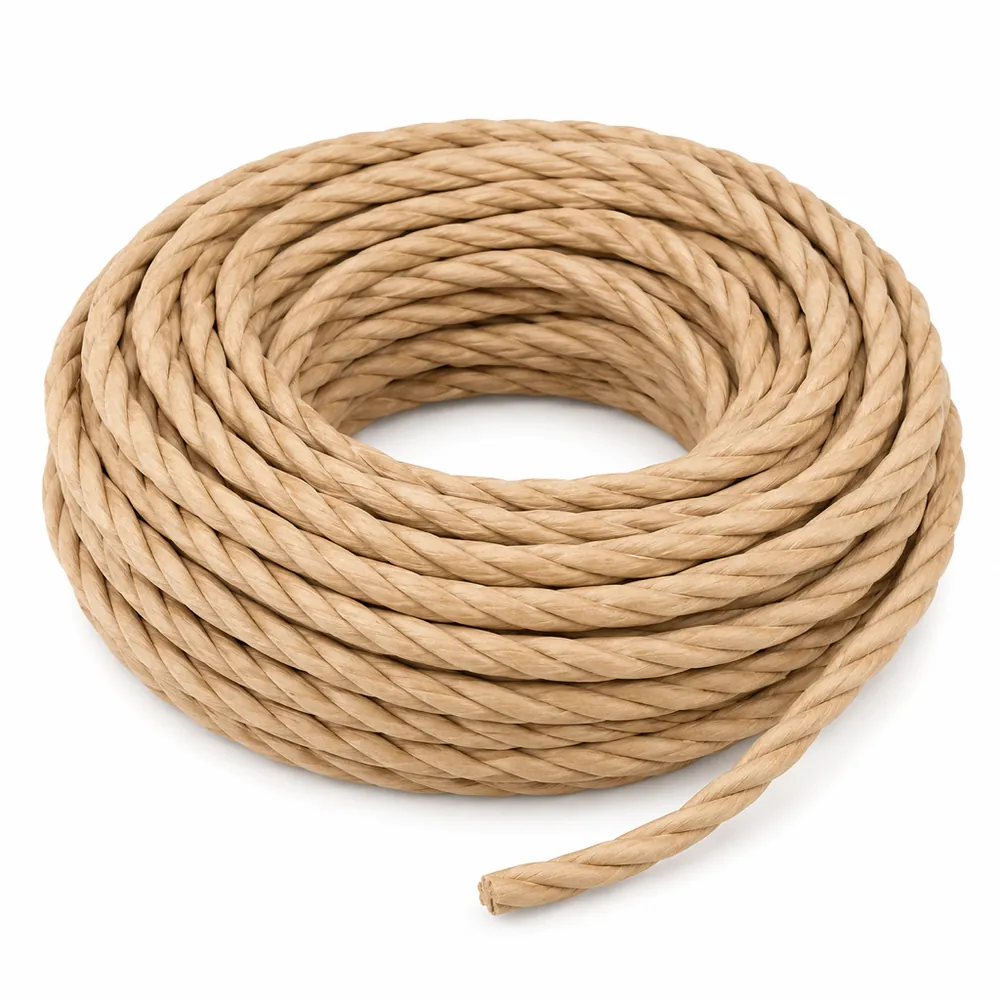 Neat coil of light tan laced Danish cord, three paper plies twisted into a round cord, on a white background