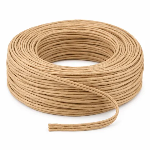 Coil of natural unlaced Danish cord, three light tan paper plies lying side by side, on a white background