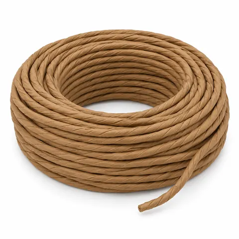 Neat coil of kraft brown fiber rush, tightly twisted paper cord, on a white background