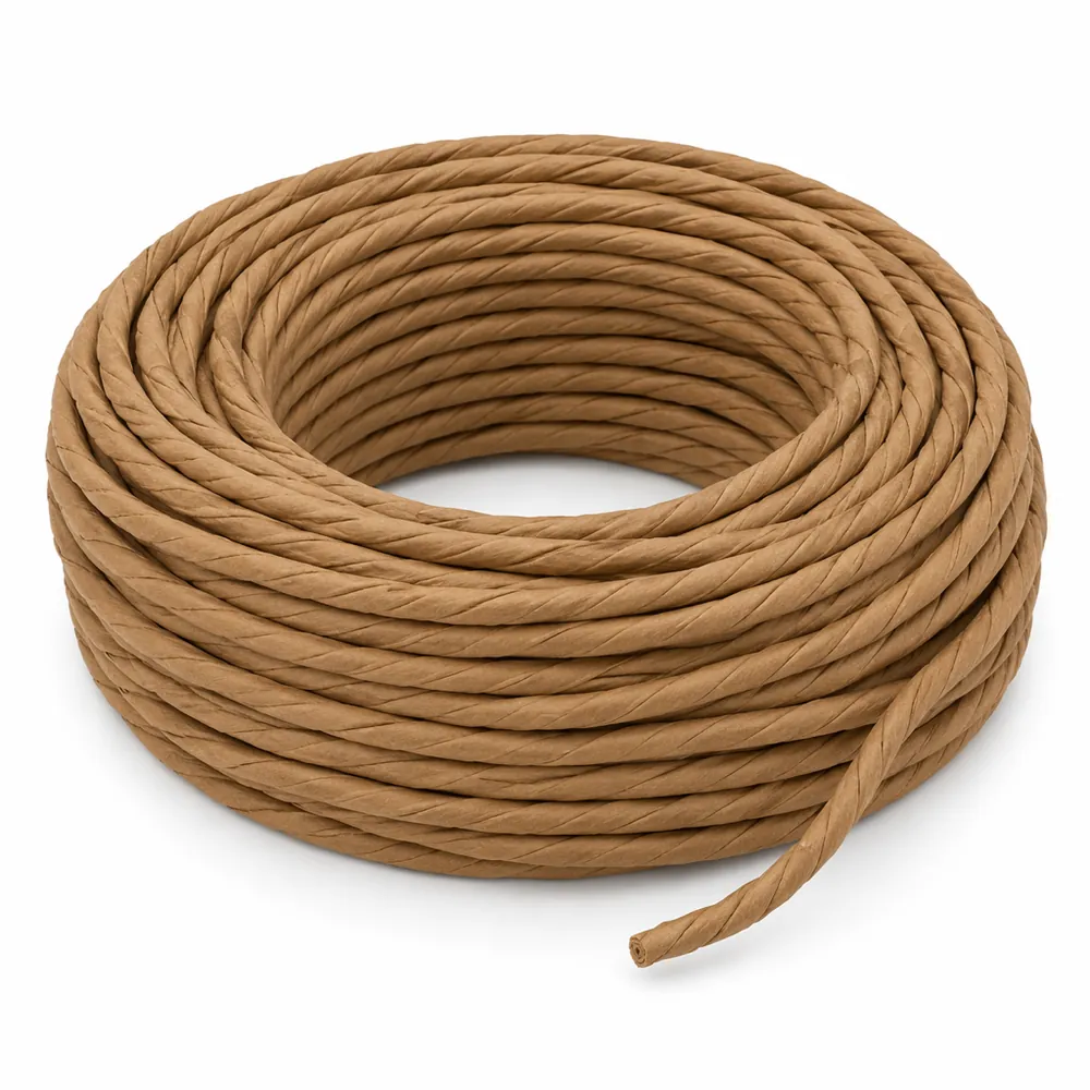 Neat coil of kraft brown fiber rush, tightly twisted paper cord, on a white background