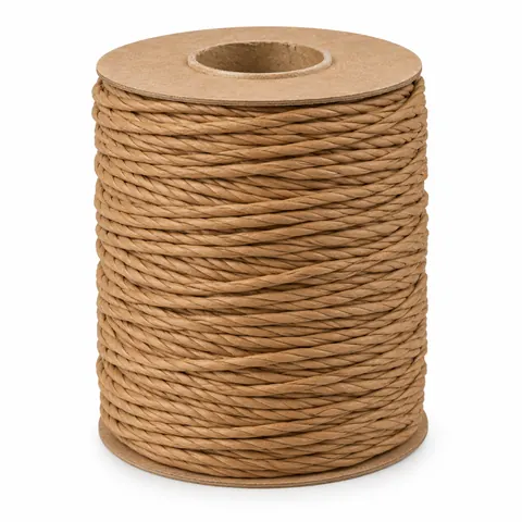 Large spool wound full with kraft brown twisted fiber rush, standing upright on a white background