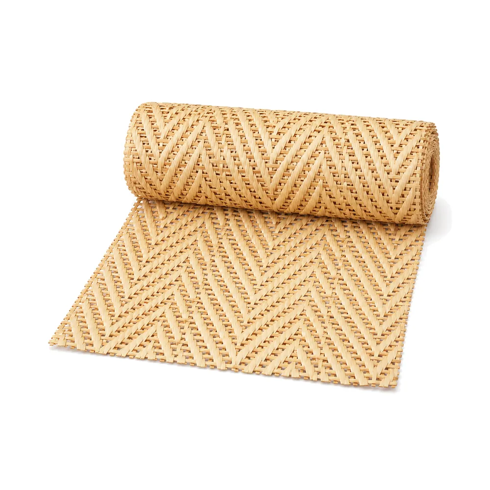 Roll of diamond (V) weave cane webbing partly unrolled on a white background