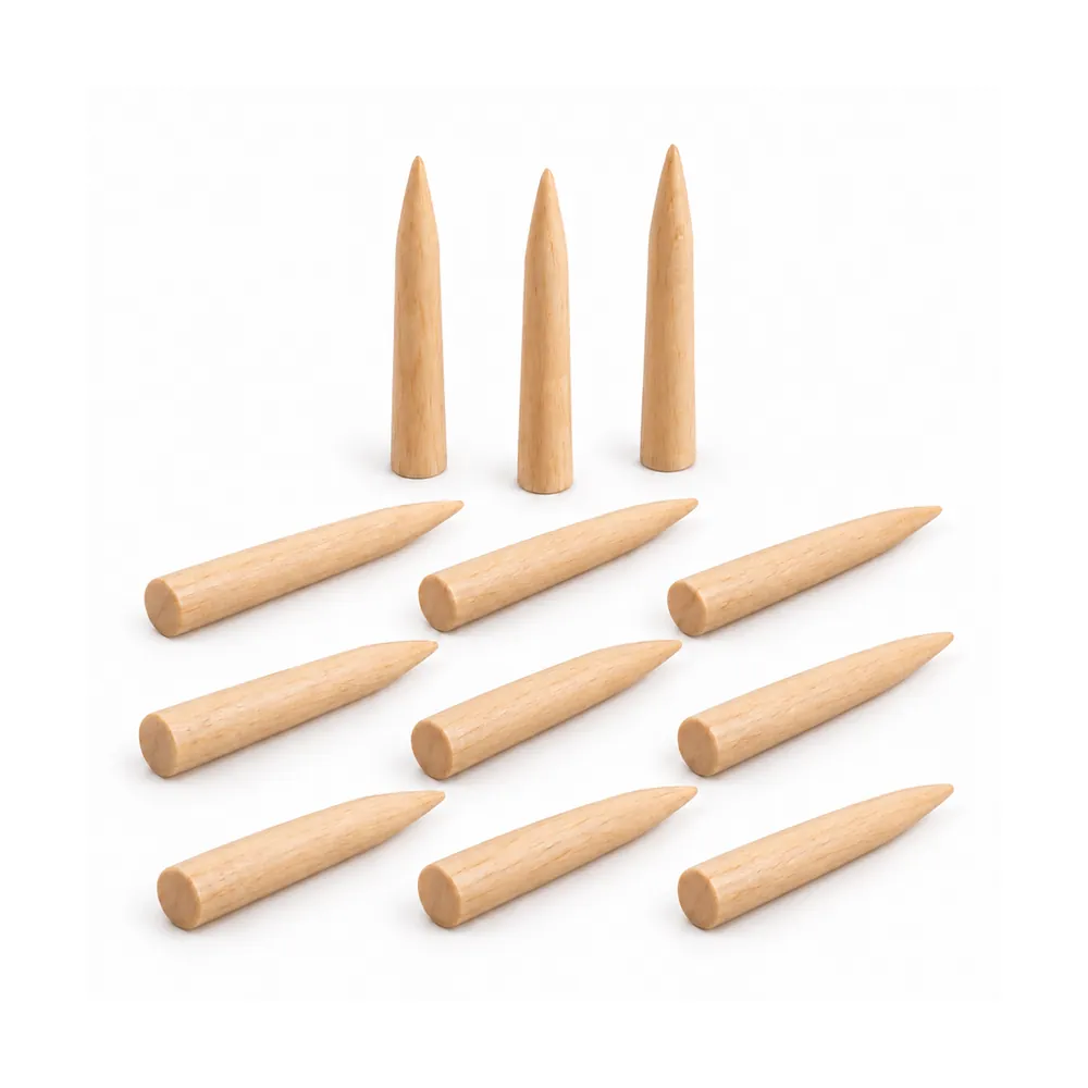 Doce clavijas cónicas pequeñas de madera, algunas de pie y las demás juntas, sobre fondo blanco