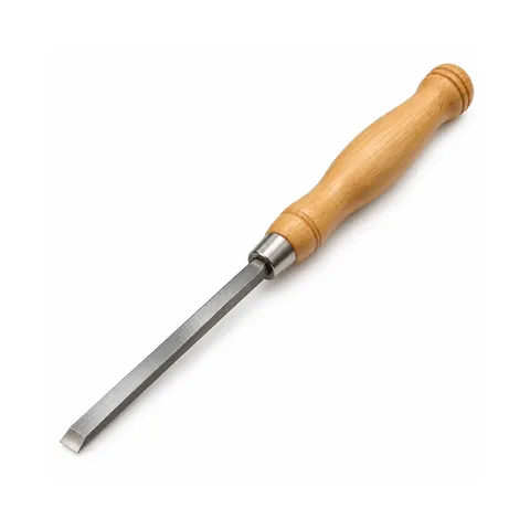 Narrow steel caning chisel with a turned light wooden handle lying diagonally on a white background
