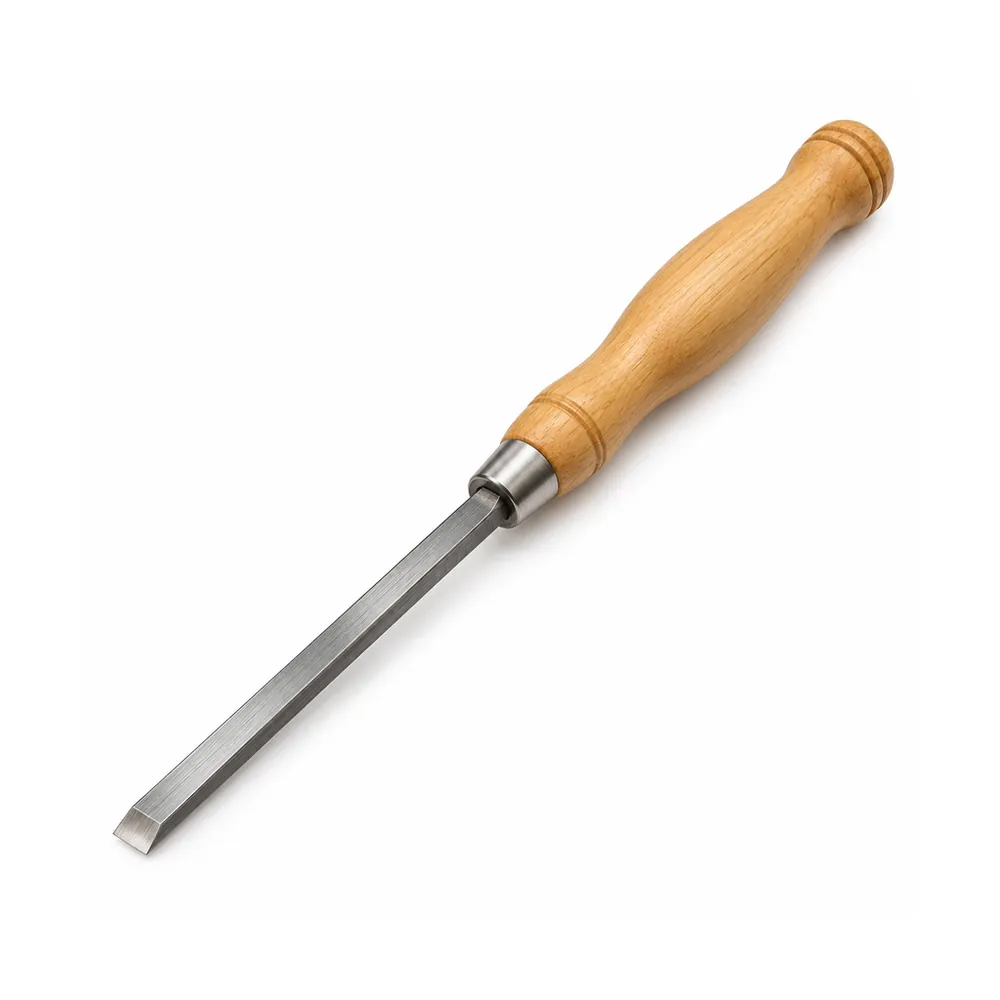 Narrow steel caning chisel with a turned light wooden handle lying diagonally on a white background