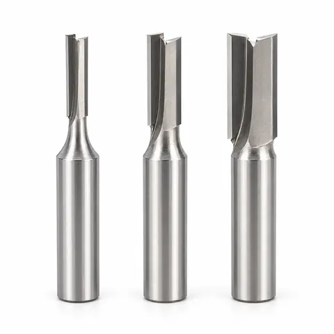 Three straight router bits with plain steel shanks standing upright, thinnest to thickest, on a white background