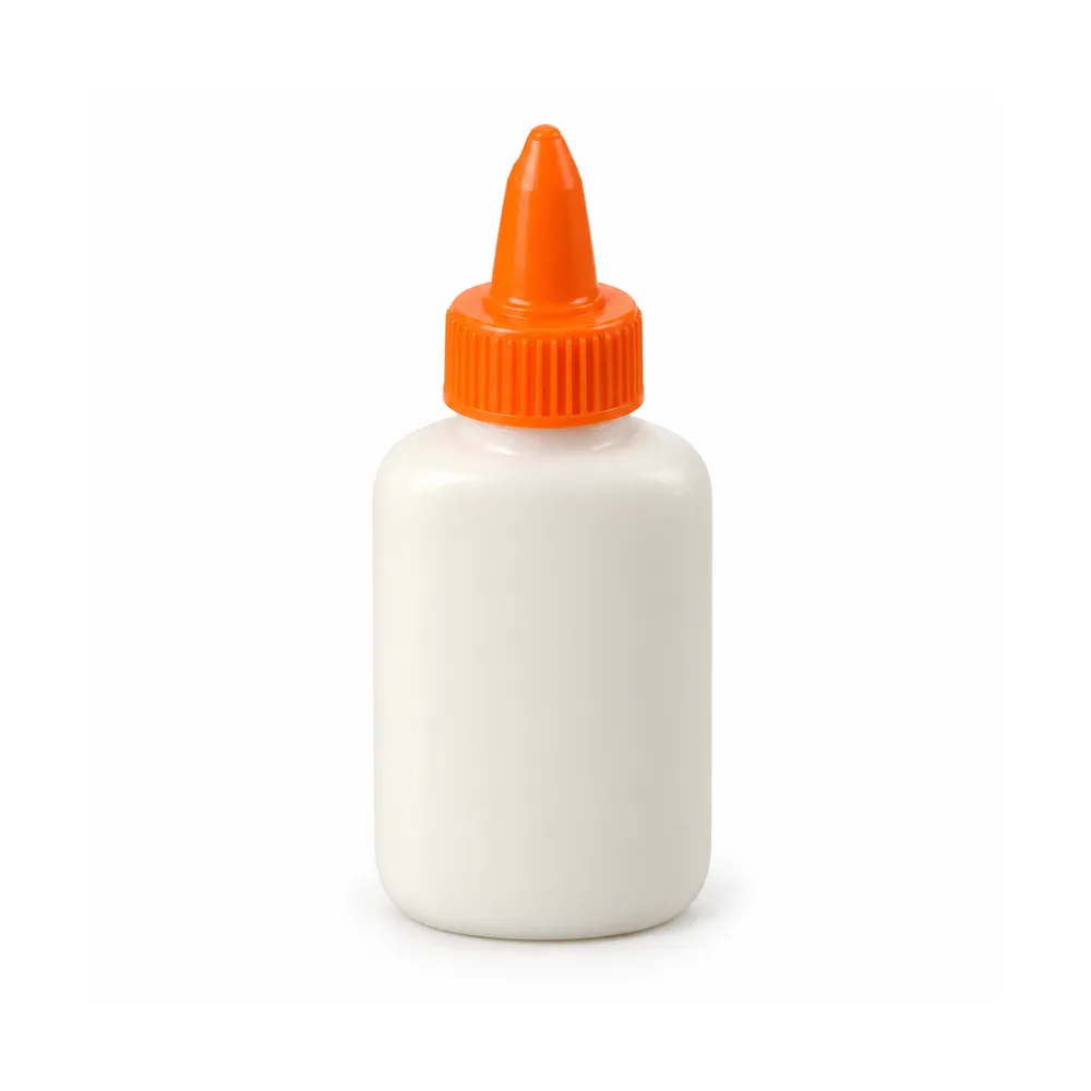 Small plain cream-white squeeze bottle of wood glue with a narrow pointed orange nozzle on a white background