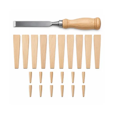 Top-down flat lay of a caning chisel, ten hardwood wedges in a row and twelve wooden pegs on a white background