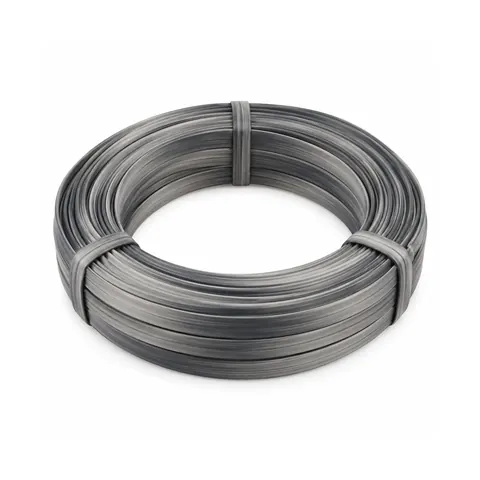 Tied coil of two-tone gradient grey flat PE wicker strip on butter yellow paper, on a white background