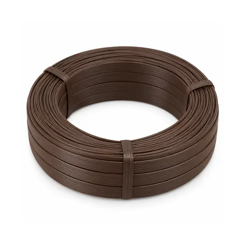 Tied coil of wide dark brown flat PE wicker strip with a faint wood grain texture on dusty blue paper, on a white background