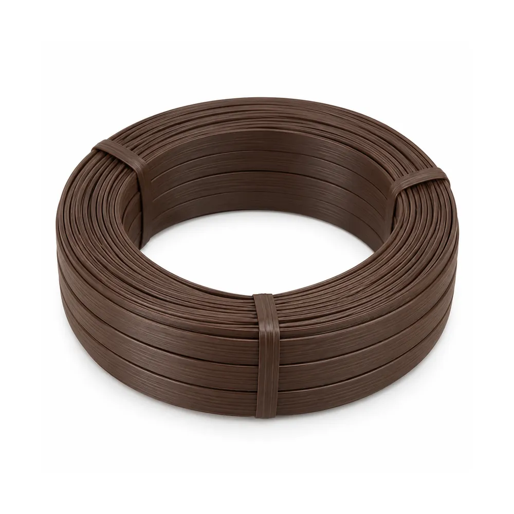 Tied coil of wide dark brown flat PE wicker strip with a faint wood grain texture on dusty blue paper, on a white background
