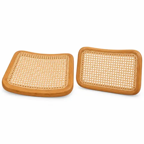 Honey oak bentwood cane seat and back frames for a cantilever chair, side by side on a white background