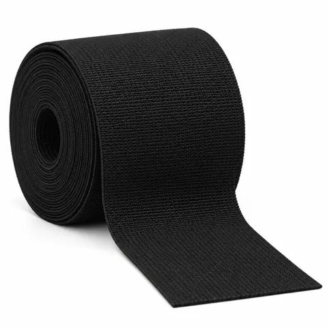 Roll of black 2 in elastic chair webbing with the loose end unrolled toward the camera, on a white background