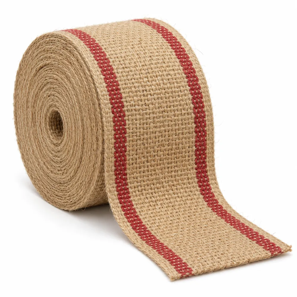 Roll of natural jute upholstery webbing with red edge stripes and the loose end unrolled, on a white background