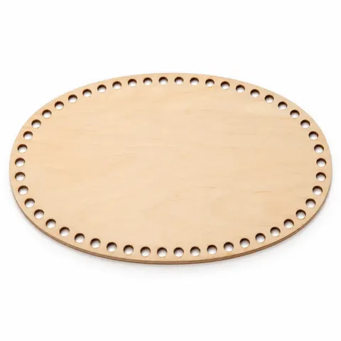 Flat oval plywood basket base with a ring of small drilled holes near the edge, seen from slightly above, on white