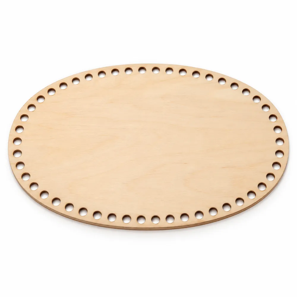 Flat oval plywood basket base with a ring of small drilled holes near the edge, seen from slightly above, on white