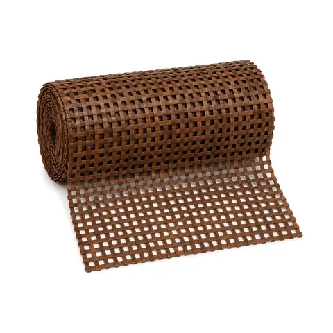 Roll of walnut-stained square weave cane webbing partly unrolled on a white background