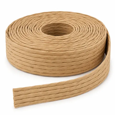 Roll of flat khaki paper rattan strip made of twisted kraft paper strands side by side, loose end unrolled, on white