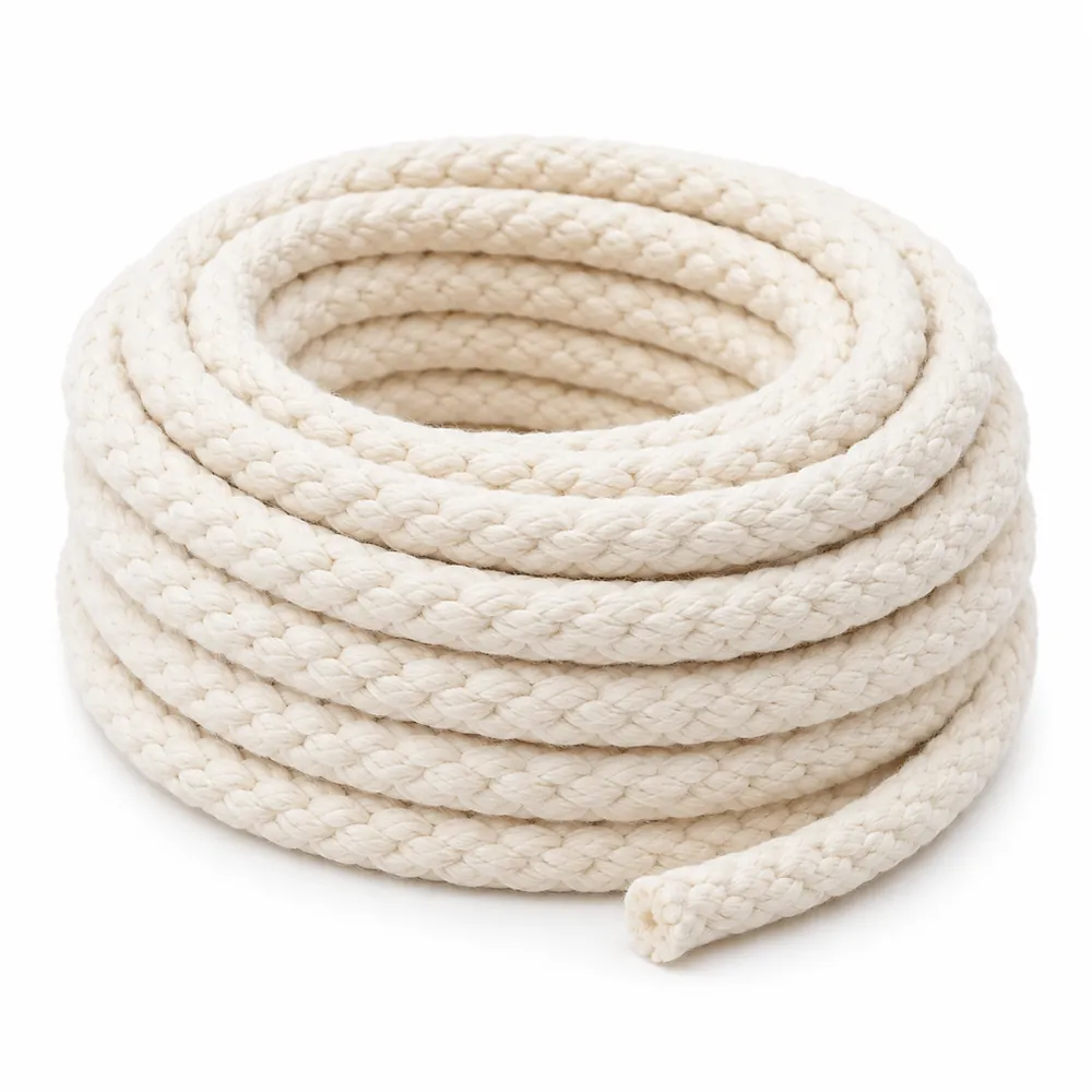 Neat coil of soft natural white braided cotton rope, about 3/8 in thick, on a white background