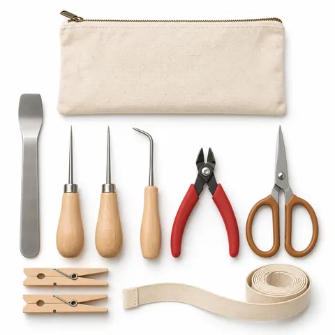 Flat lay of basket weaving tools: packing tool, two awls, bodkin, side cutters, shears, clips, tape measure, zip pouch