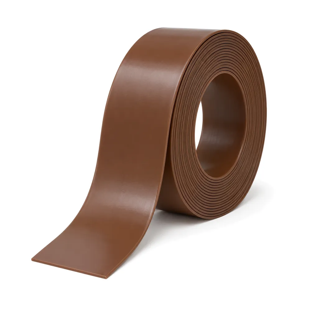 Roll of glossy brown 2 in vinyl patio chair strap, loose end unrolled, on a white background