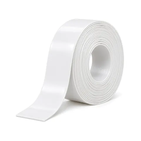 Roll of white 1.5 in vinyl patio chair strap with the loose end unrolled, on a white background