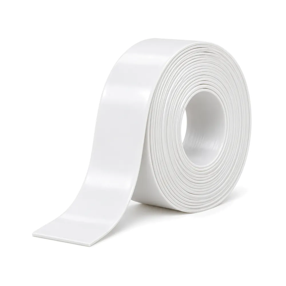 Roll of white 1.5 in vinyl patio chair strap with the loose end unrolled, on a white background