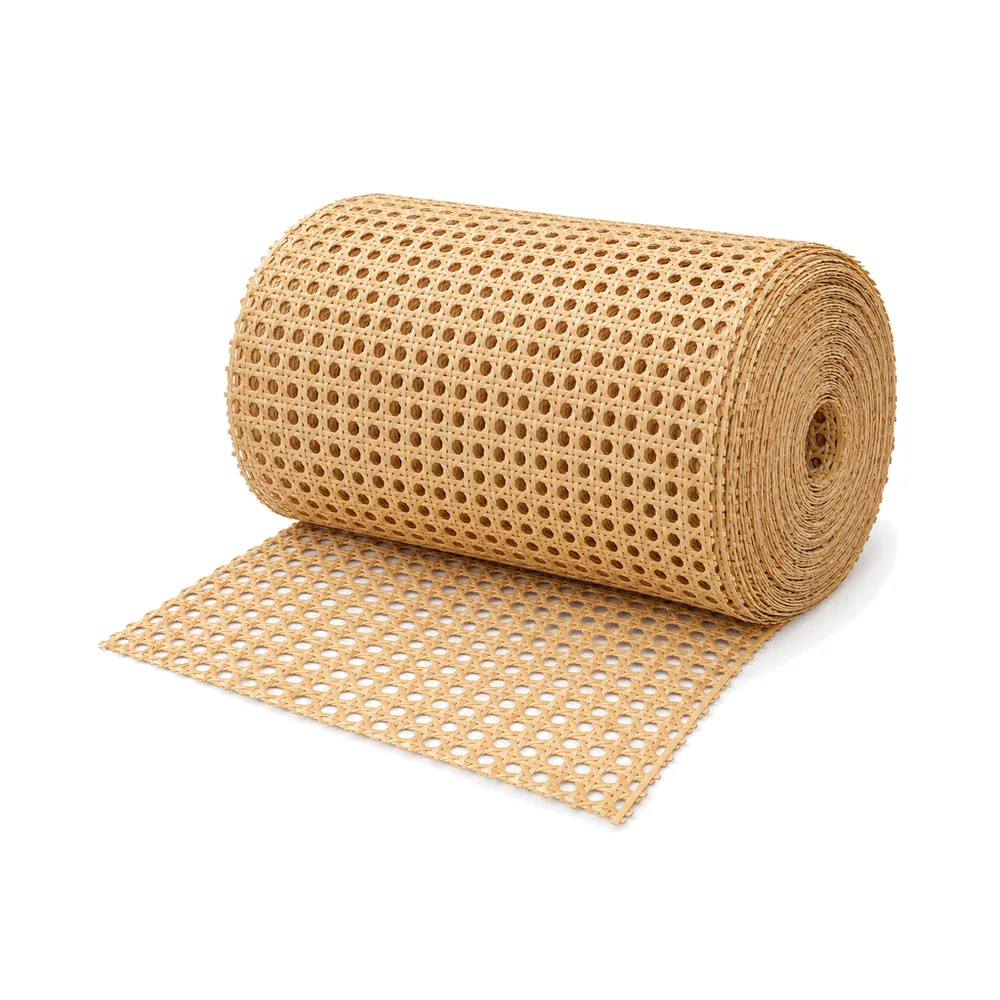 Large trade roll of open weave cane webbing lying on its side with the loose end unrolled flat, on a white background