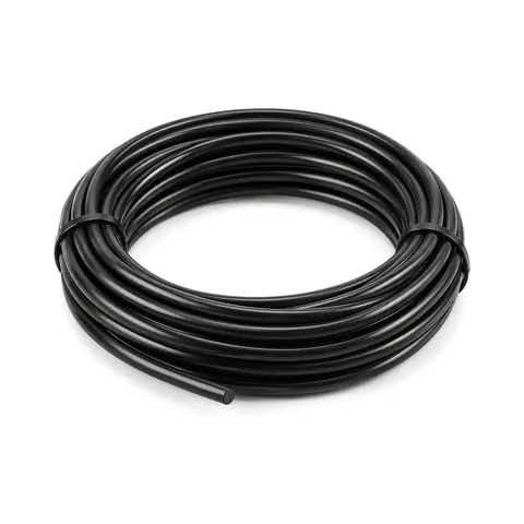 Neat tied coil of glossy round black vinyl spline cord on a white background
