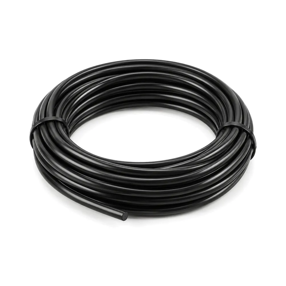 Neat tied coil of glossy round black vinyl spline cord on a white background