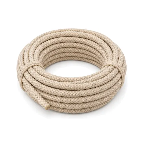 Neat tied coil of soft braided oatmeal colored outdoor rope on a white background