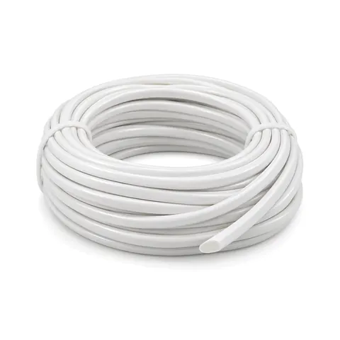 Neat tied coil of smooth white oval-section vinyl lacing cord on a white background