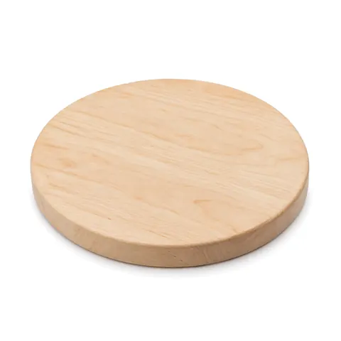 Round sanded unfinished light wood stool seat top, about 3/4 in thick, three-quarter view on a white background