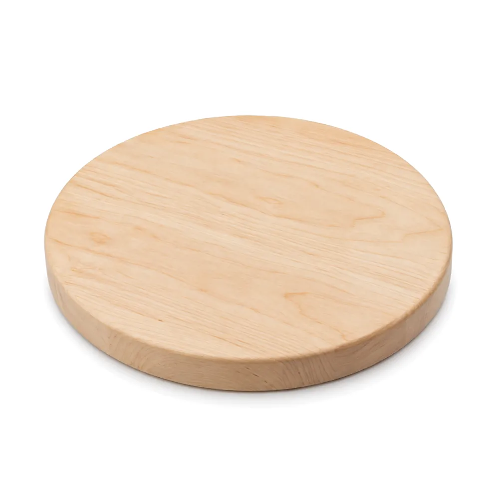 Round sanded unfinished light wood stool seat top, about 3/4 in thick, three-quarter view on a white background